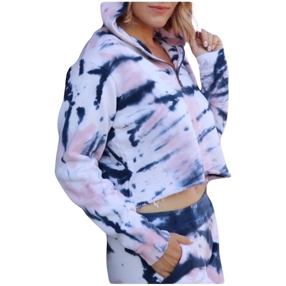 NWT OLI VIV Corey Tie Dye Quarter Zip Crop Hoodie Mauve Navy Cotton Loungewear L - Picture 1 of 15